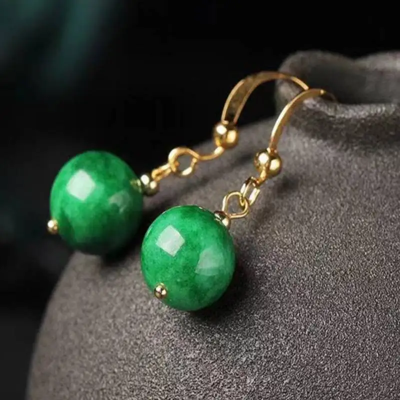

10mm natural green jade earrings handmade Art Ear Cuff Unisex Diamond Platinum Women Wedding Casual Dangle Anniversary