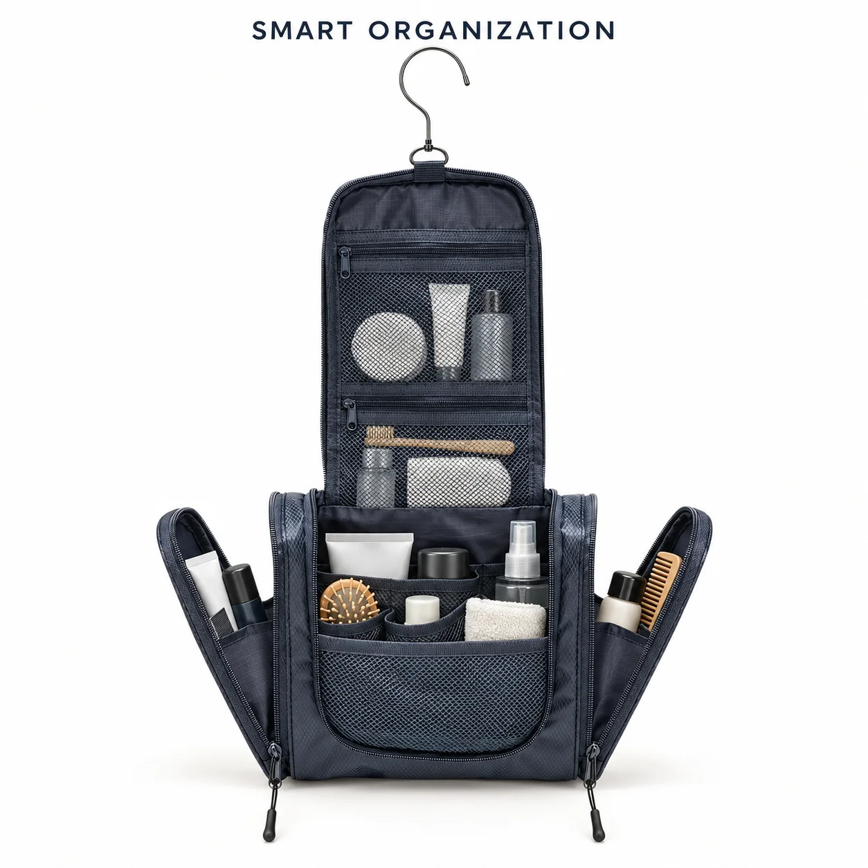 Hanging Travel Toiletry Bag with 360 Degree Swivel Hook, Water Resistant Bathroom Organizer with Multiple Compartments