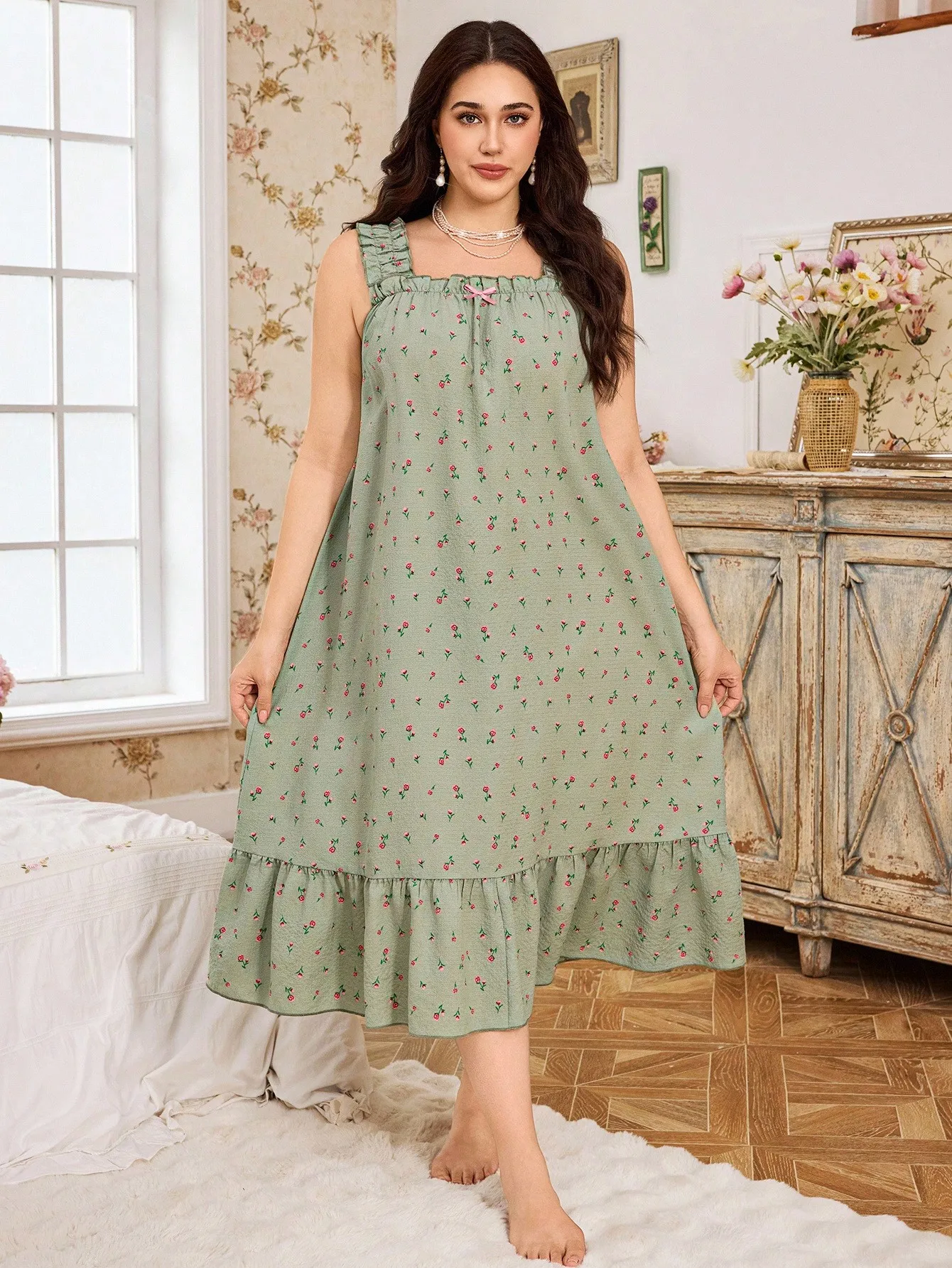 

Plus Size Sleeveless Floral Print Ruffle Hem Maxi Nightgown in Sage Green