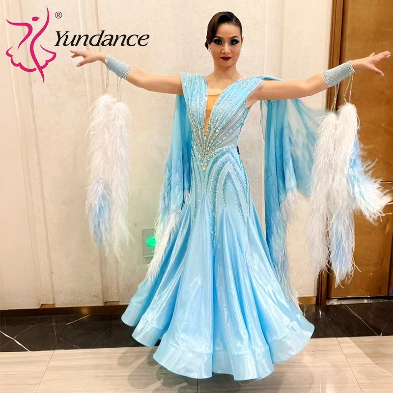 B-25158 Yundance New International Ballroom Dance Competition Dress Women Waltz Costume Blue Rhinestone Chrisanne Satin Wear