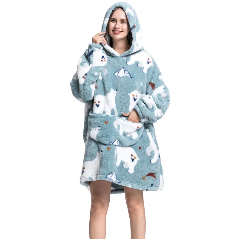 Fleece Thick Warm Women's Pajamas Winter Homewear Casual Loungewear Long Hoodies Plush Giant Blanket with Sleeves Adult Pullover