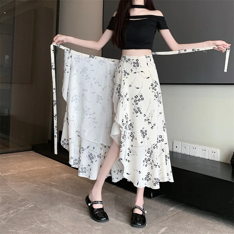 

Beach Sun Protection Floral ellskirt Women's f-length Skirt with Belt And Slit One-piece Chiffon Skirt Korean Sle