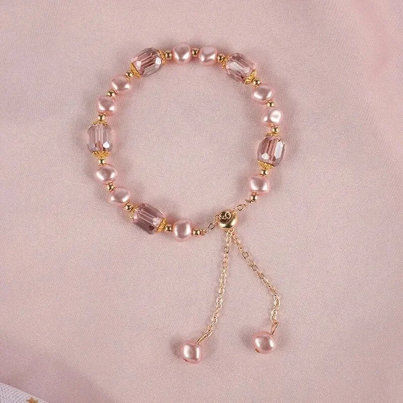 Elegant pink imitation pearl bracelet, exquisite purple crystal beads adjustable bracelet, women's wristband accessories image 5