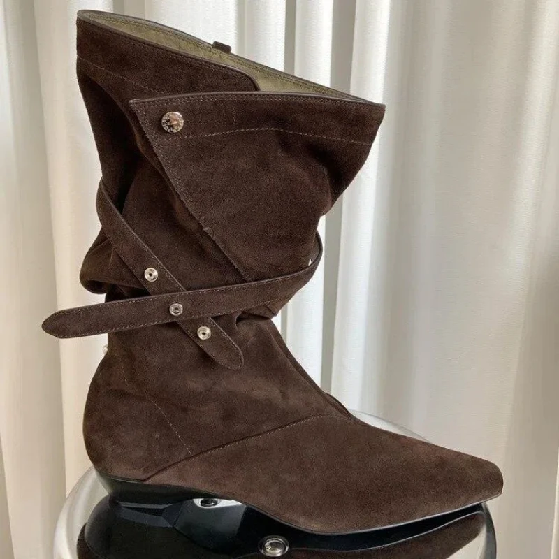 

Dark Brown Suede Cross Strap Ruched Ankle Boots Women's Retro Mature Autumn Winter Versatile Square Toe Wedge Heel Dating Boots