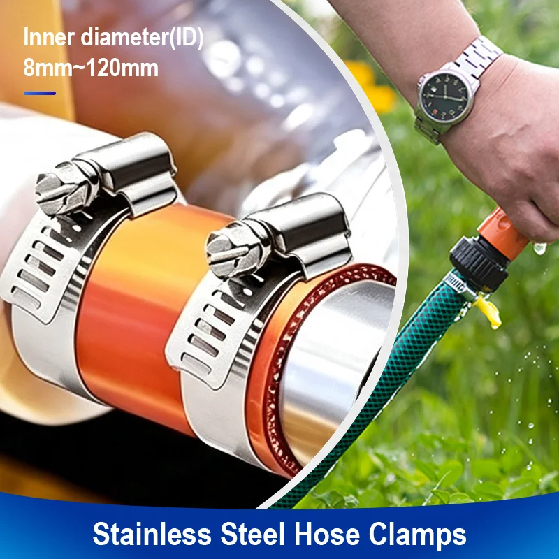 5/10/20P Stainless Steel Hose Clamps Dia 8mm ~ 120mm Adjustable Tri Gear Worm Fuel Tube Water Pipe  Fixed Clip Spring Cramps