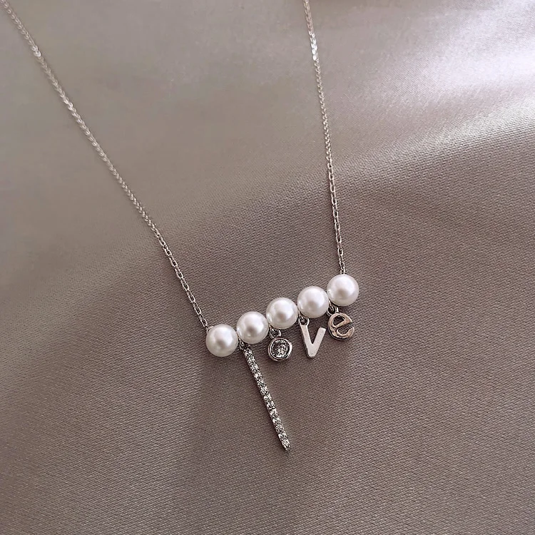 Newly LOVE Letter Pendant Single Row Pearl Necklace Women's Clavicle Chain 925 Silver Fashion Jewelry Party Birthday Gift