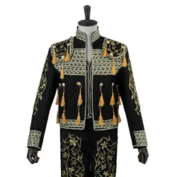 Disfraz de escenario para hombre, traje de corte europeo de Matador español, negro, dorado, rojo, azul, bordado, conjunto de traje de tres piezas con borla