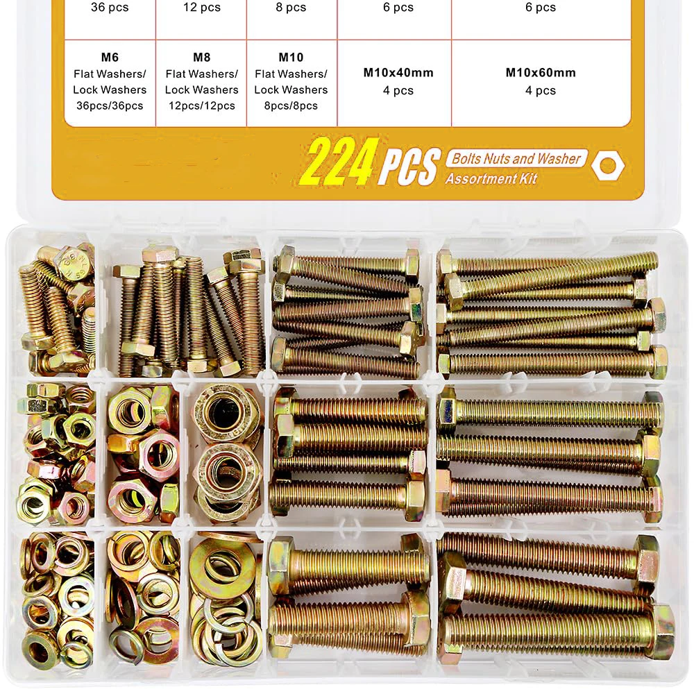 

224 pieces. The 8.8 M6M8M10 heavy-duty bolt and nut combination kit includes 8 common sizes.