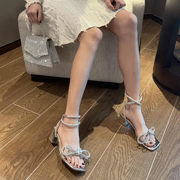 Summer New Style Square Head Rhinestone Bow Stiletto Heel Women Sandals Roman Strap Silver Ladies High Heel Dress Shoes