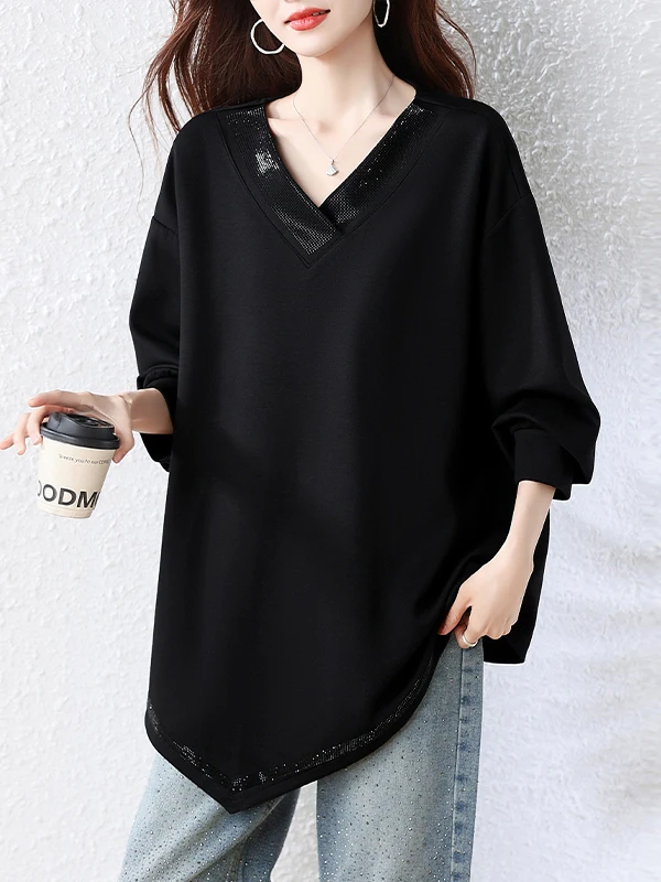 Fashionable Simple Oversized Hoodie Sweatshirt for plus Size Women Autumn 2026 V-Neck Long Sleeve T-Shirt Slimming Effect