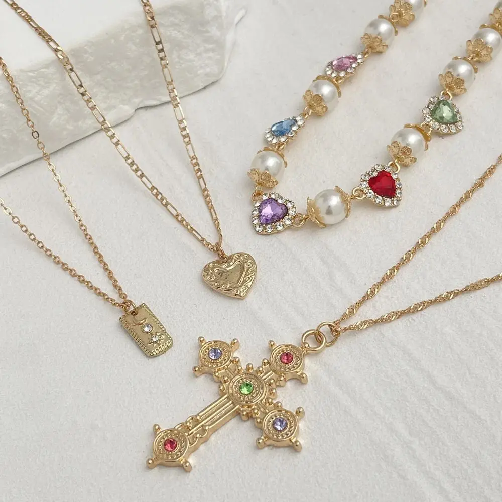 

Ethnic Style Love Pearl Necklace Necklace Set Silver Cross Pendant Necklace Golden Jewelry Accessories Rhinestone Necklace Male