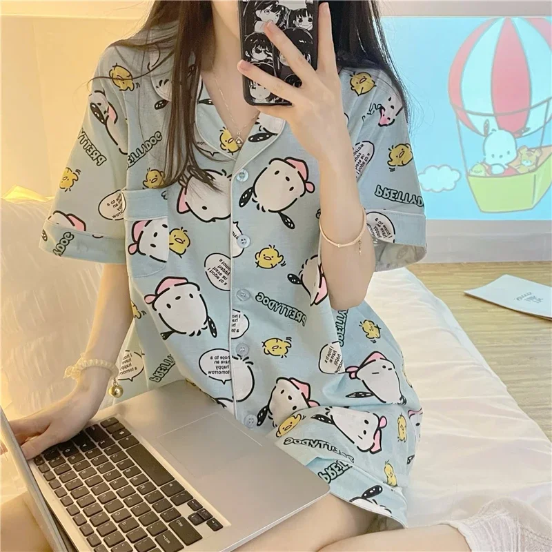 Sanrio Pacha Dog Silk Pajamas Women\'s Summer Ice Silk Short Sleeve Shorts Cartoon Women\'s Pajamas Homewear Pajamas Pants Set