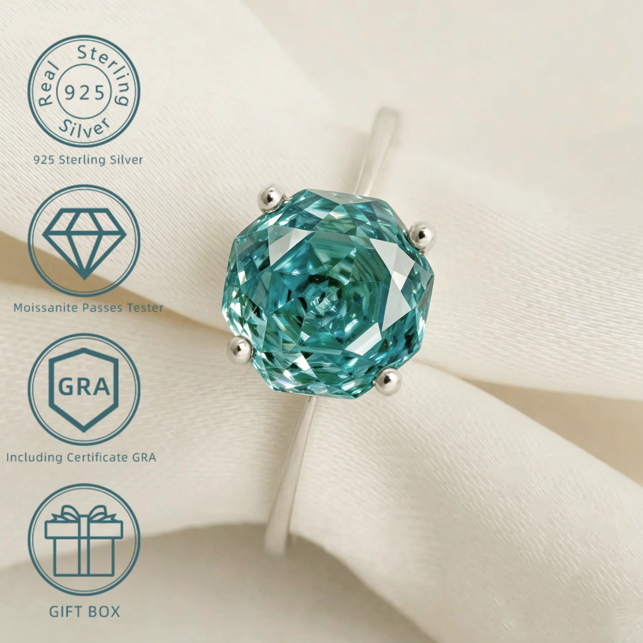 2ct 8*8mm Octagon Rose Cut Blue Green Moissanite Solitaire Ring, 925 Sterling Silver Jewelry Gift for Women with