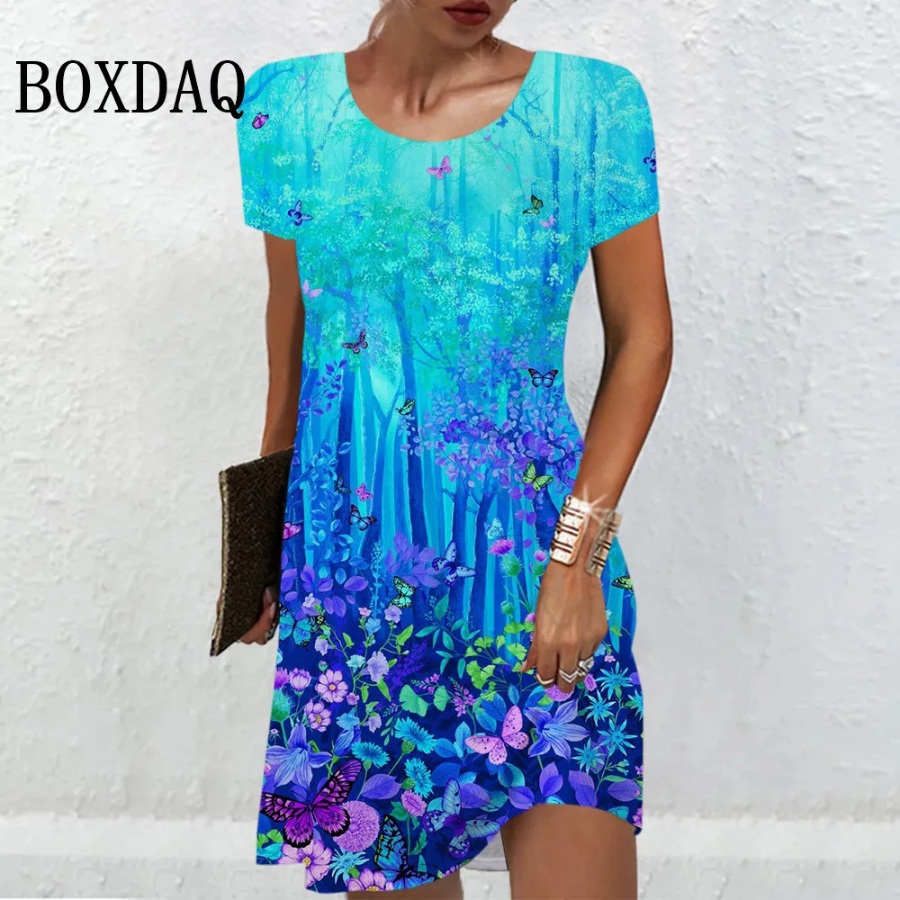 

Women‘S Dresses 3D Oil Painting Butterfly Flower Dress Casual Fashion A-Line Summer Lady Plus Size Short Sleeve Dresses 2024 New