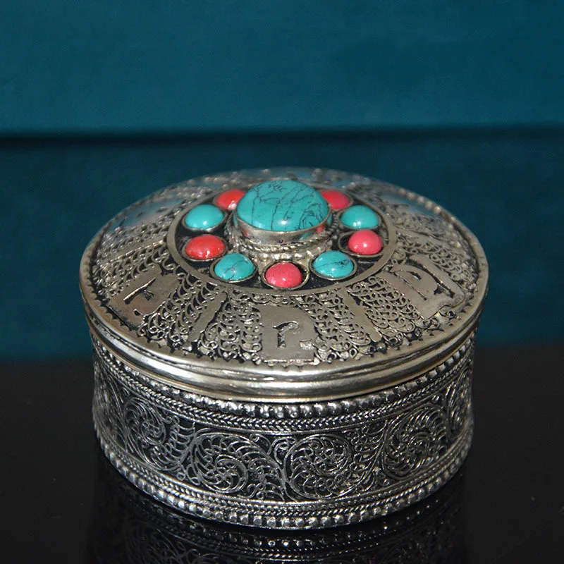 Tibetan style natural turquoise Tibetan silver six character motto storage box desktop decoration ethnic Creative handicraft