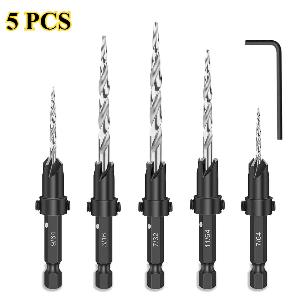 

5Pcs Wood Countersink Drill Bit Set SAE Tapered Drill with 1/4" Hex Shank for Woodworking 7/64 9/64 11/64 3/16 7/32