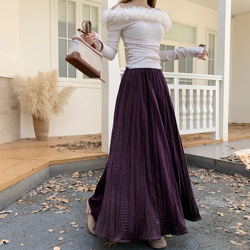 

Purple Velvet Textured f Skirt Women's High Waist A-Line Long Dr Vintage Folded Commute Sle Polyester Fiber