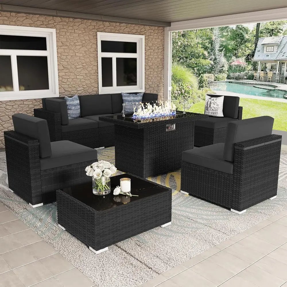 

8-Piece Outdoor Patio Furniture Set with 44 Gas Fire Pit and Wicker Sofa Sectional with Coffee Table