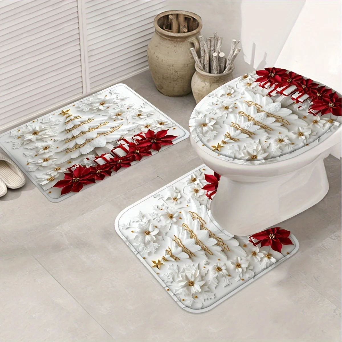 4Pcs Xmas Winter Bath Set, 3D Christmas Tree Shower Curtain, 12 Hooks, Non-Slip Mat, U-Shaped Toilet Cover, Perfect Xmas Gift
