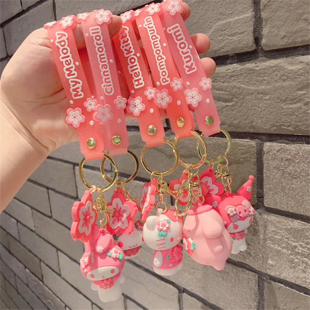 Sanrio Key Chain Cute Hello Kitty Pink Cherry Blossom Keychain Decoration Keys Keyring Bag Pendant Kids Toys Christmas Gifts