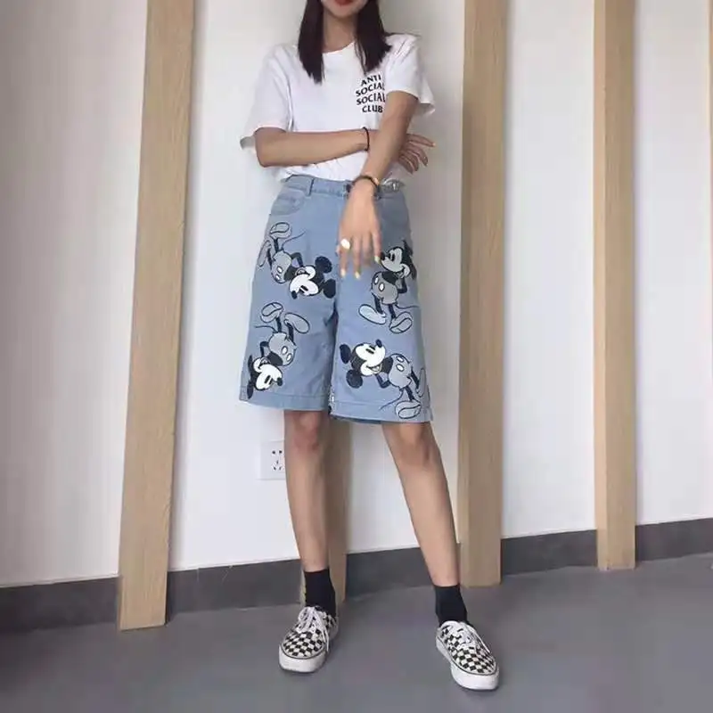 

Disney Mickey Cartoon Print High Waisted Wide Leg Shorts For Women Summer New Loose Five Quarter Jeans Korean Style Trend Jeans