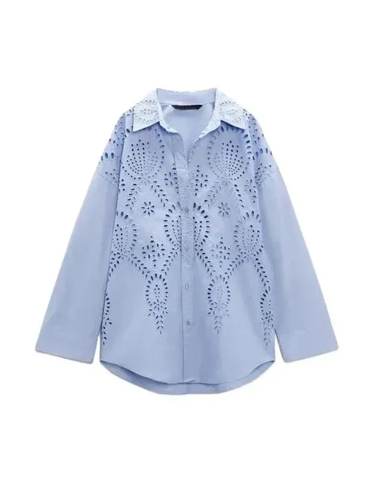 Women's Fashion Lapel Shirt Sexy Skeleton Embroidery Shirt Long Sleeve Multi-coloured Tie Button Shirt Basic Blouse