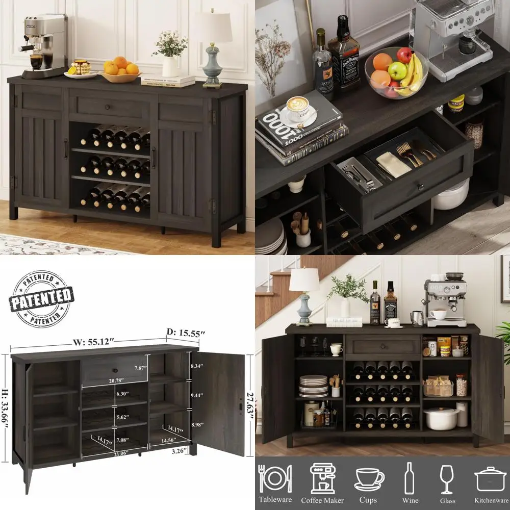 

Industrial Coffee Bar Cabinet with Drawer, Wine Rack, and Door, Farmhouse Style Buffet Storage