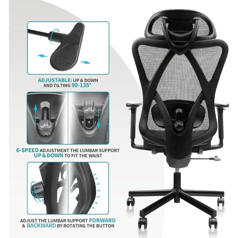 Silla de oficina de malla, sillas de oficina ergonómicas con ruedas, soporte Lumbar ajustable, reposabrazos, reposacabezas, respaldo alto inclinable, silla de escritorio con
