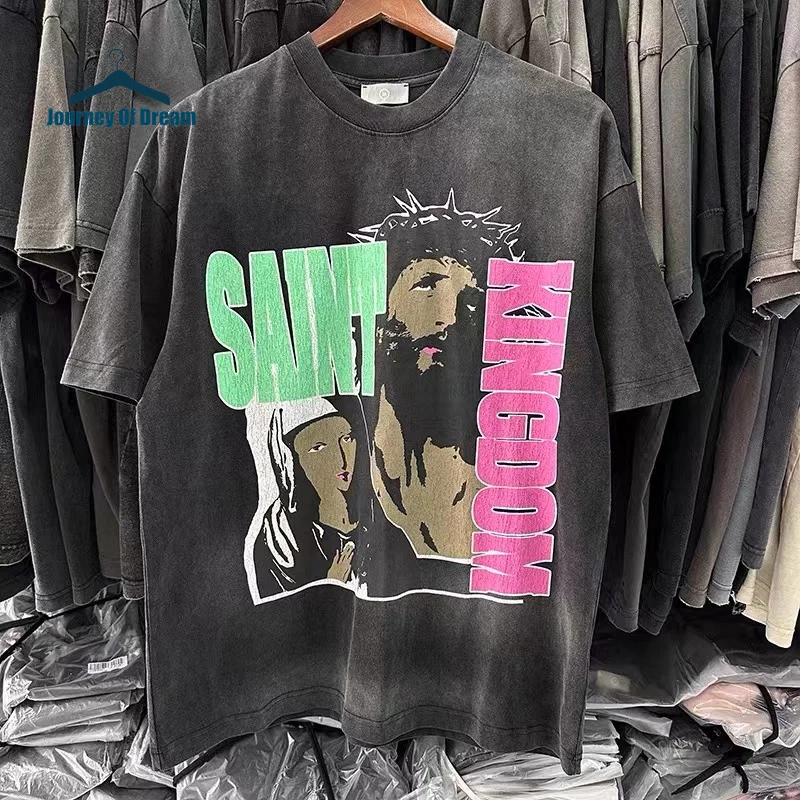 

Hip Hop High Street Washed SAINT Vintage Tee Tops High Quality 1:1 Loose Casual Mens Womens T-Shirt