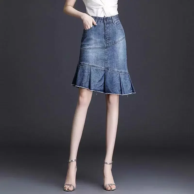 Zipper Blue To Knees Length Jeans Skirts for Women Woman Denim Skirt Fringe High Waist Chubby Midi Luxury Elegant New in V Cheap