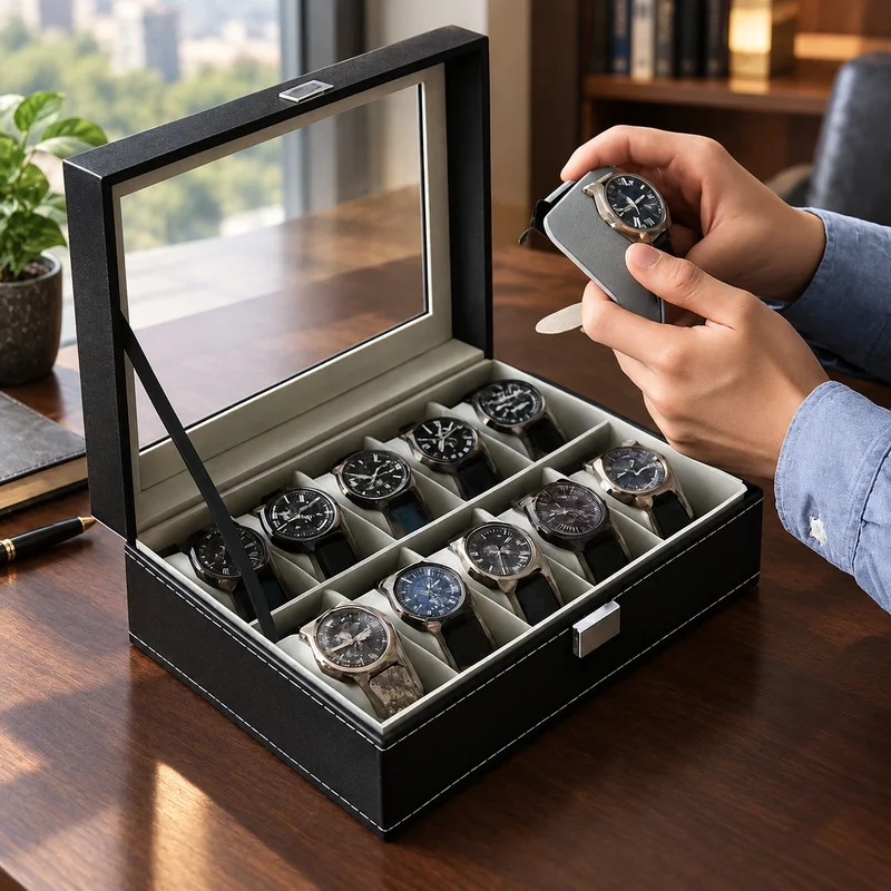 PU Leather Display Box with Glass Lid, Multi-Compartment Watch and Jewelry Organizer for Men, 2-12 Slots Storage Case