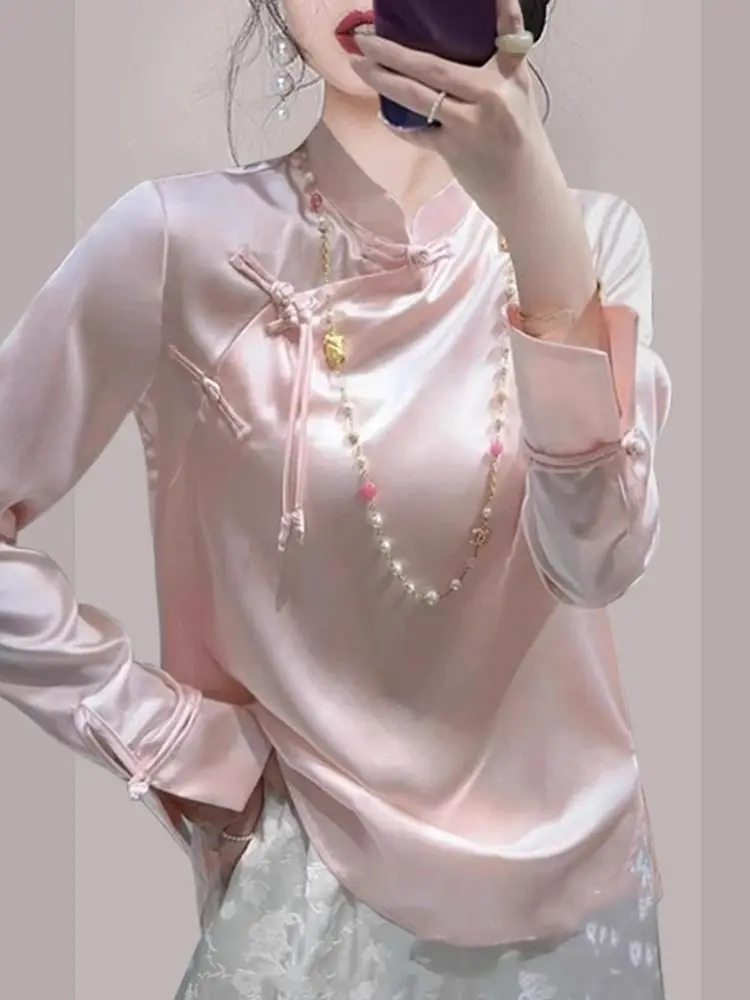 

Satin Silk Jacquard Blouses Women Long Sleeve Retro Shirts Chinese Style Cheongsam Top Plus Size