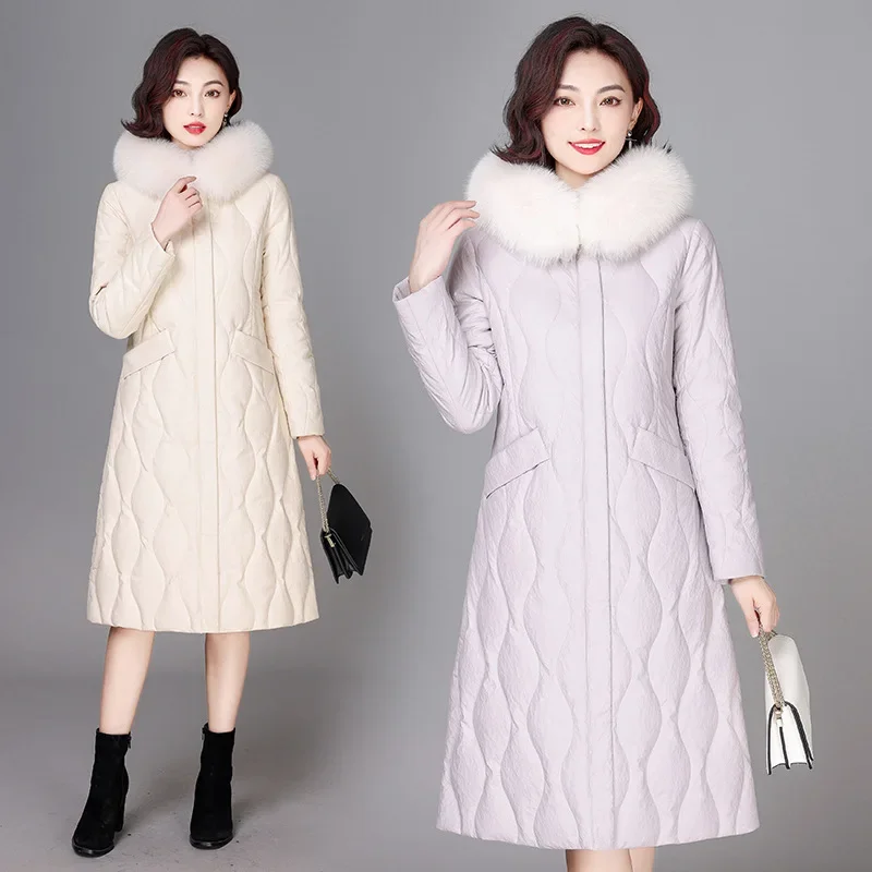 Winter Jackets for Women Elegant Leather Jacket Woman Clothes Fashion Warm 90% White Duck Down Coat Fox Fur Collar Mid-length LM