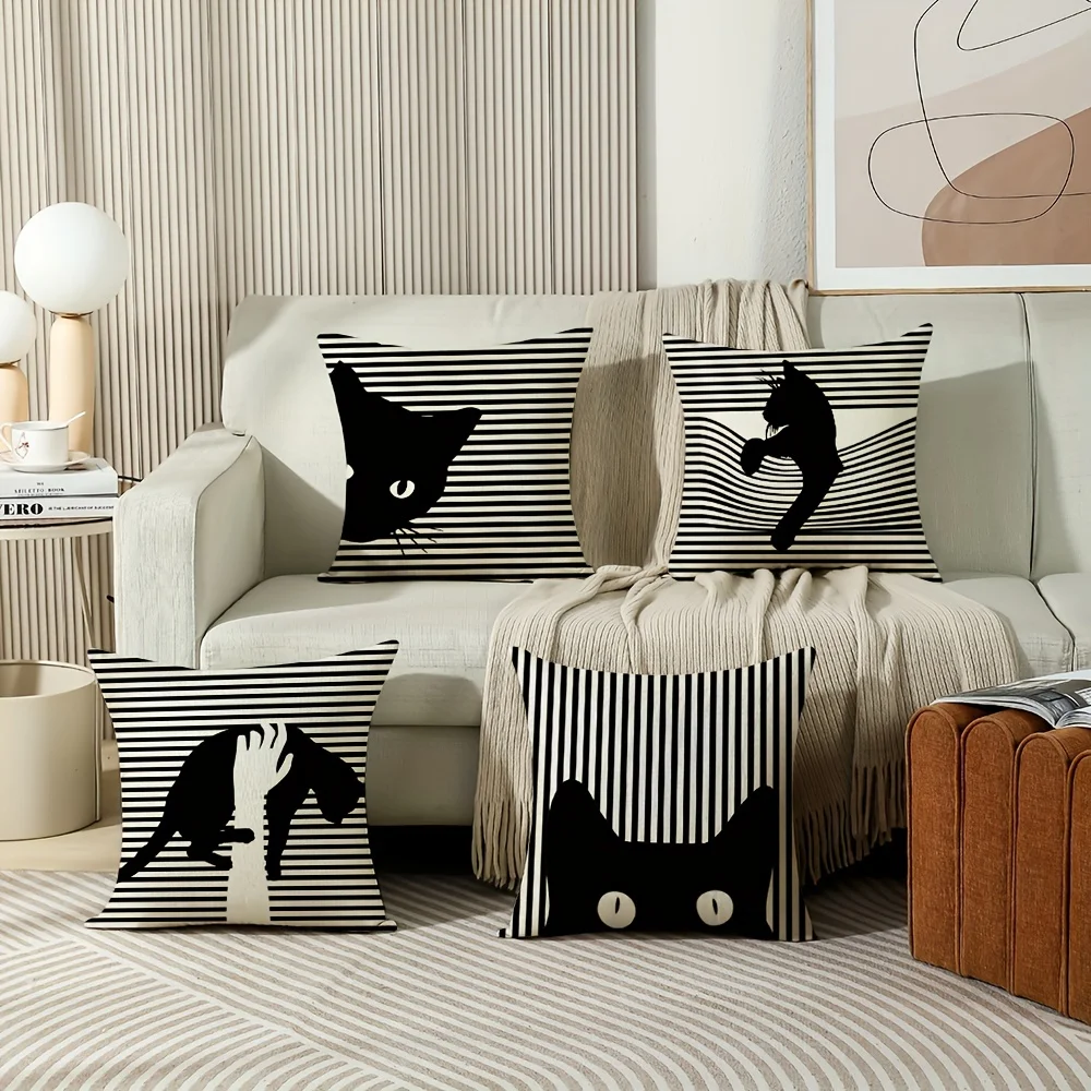 Cartoon Cat Throw Pillowcase 45x45cm Cushion Cover Suitable For Sof Cute Kitten Animal Black And White Stripes Decoration Gift