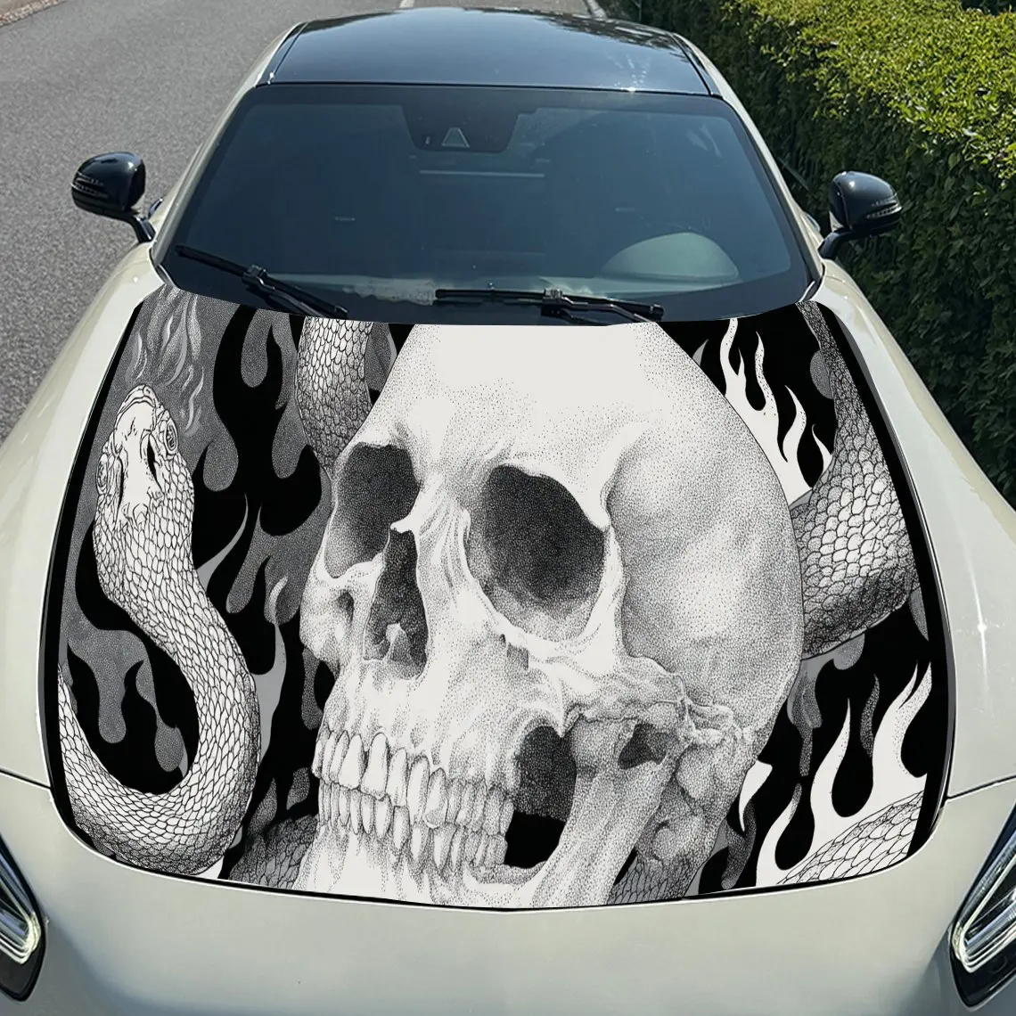 Skull Snake Flame Car Hood Sticker PVC Self Waterproof Stick,Striking Auto Exterior Accessories Decor Protect Gift for Car Lover