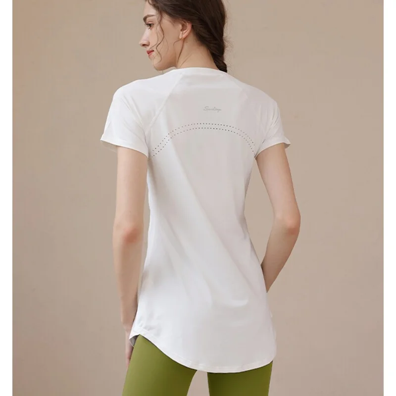 Casual Mid-Length Yoga Wear Women Summer New Butt Cover Slimming Morning Run Sport Top Short Sleeve Fitness T-Shirt
