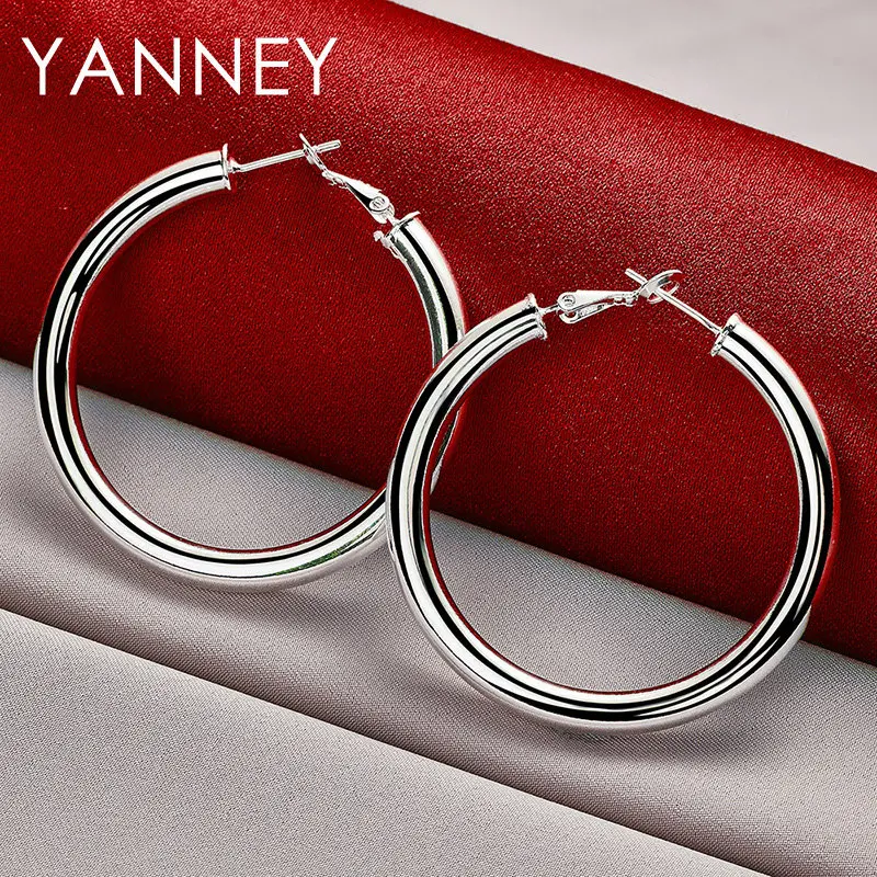 Women's 925 Sterling Silver 50MM Fine Glossy Hoop Earrings For Charm Wedding Party Girlfriend Fashion Jewelry Accessories