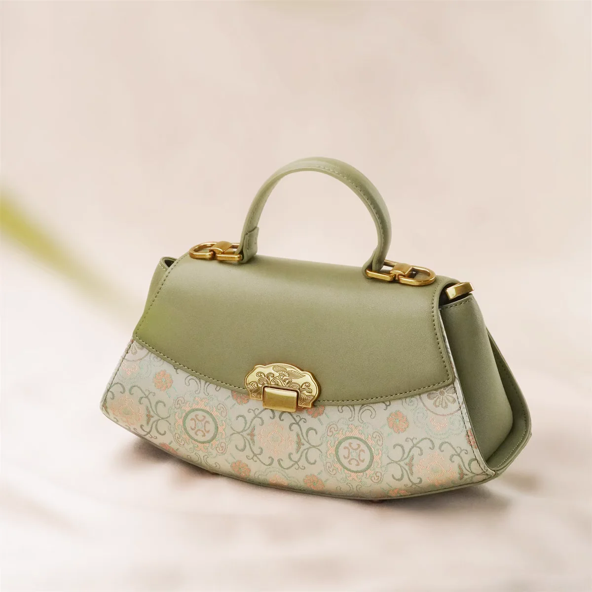 Light Luxury Niche Style Women Green Handbag With Mulberry Silk Jacquard Song Brocade & Leather Patchwork Crossbody Bags Lady
