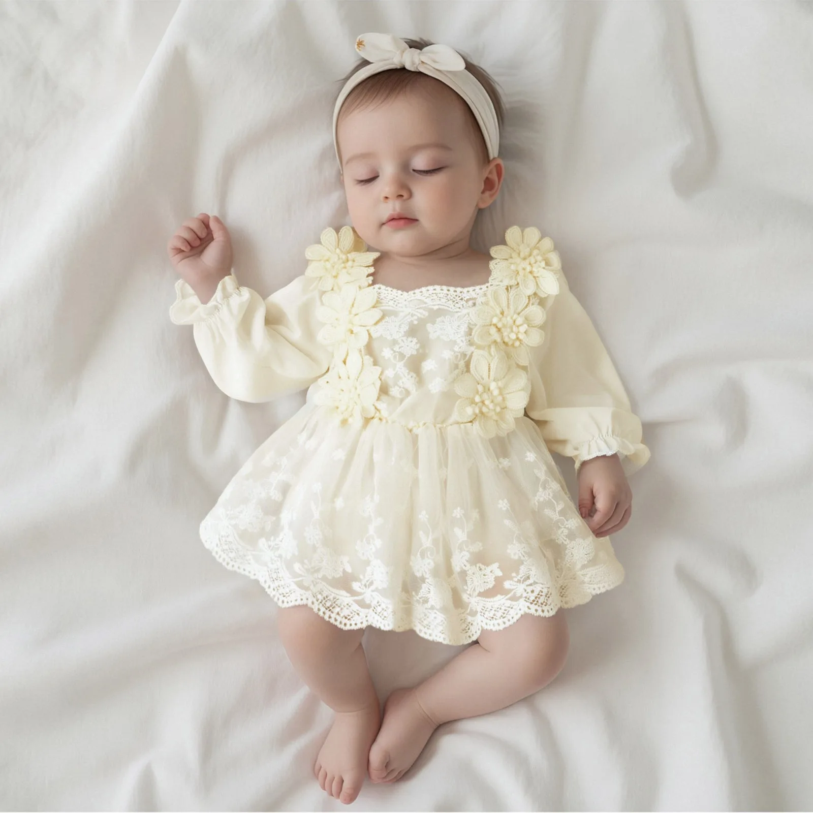 

Baby Girls Fall Romper Dress 3D Lace Flowers Mesh Patchwork Long Sleeve Jumpsuits for Newborn Infant Fashion Clothes