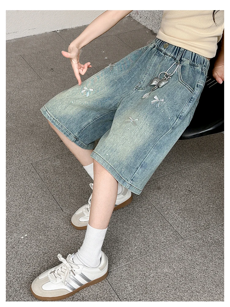 Neue Modische Kinder-Knielange Jeans-Shorts mit Schleife und Strass für Teenager-Mädchen, Lässige Capri-Jeans mit Schleife – Detail 6