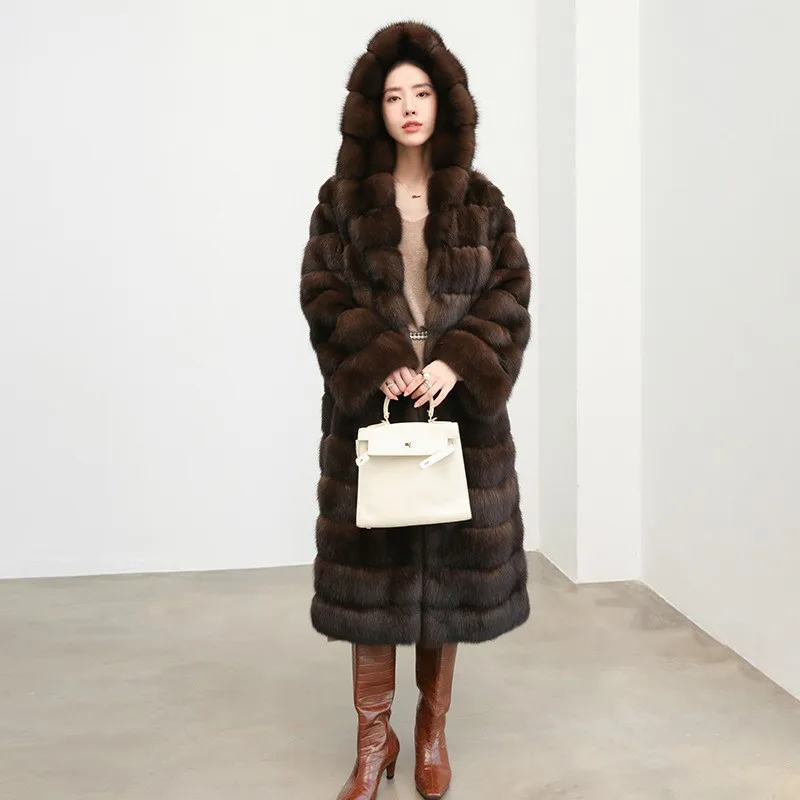 New purple black and gold hooded long mixed fur coat for women