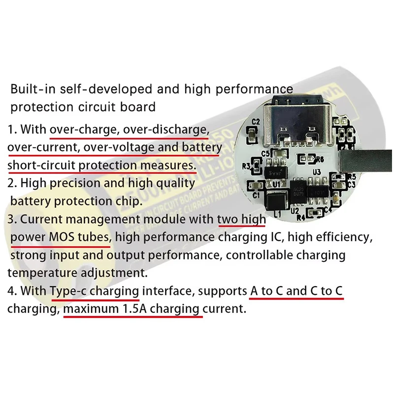 MATOV 2500mAh USB Type-C 18650 Battery 3.7V Rechargeable Li-ion Battery for Flashlight Microphone Fan Electric Razor