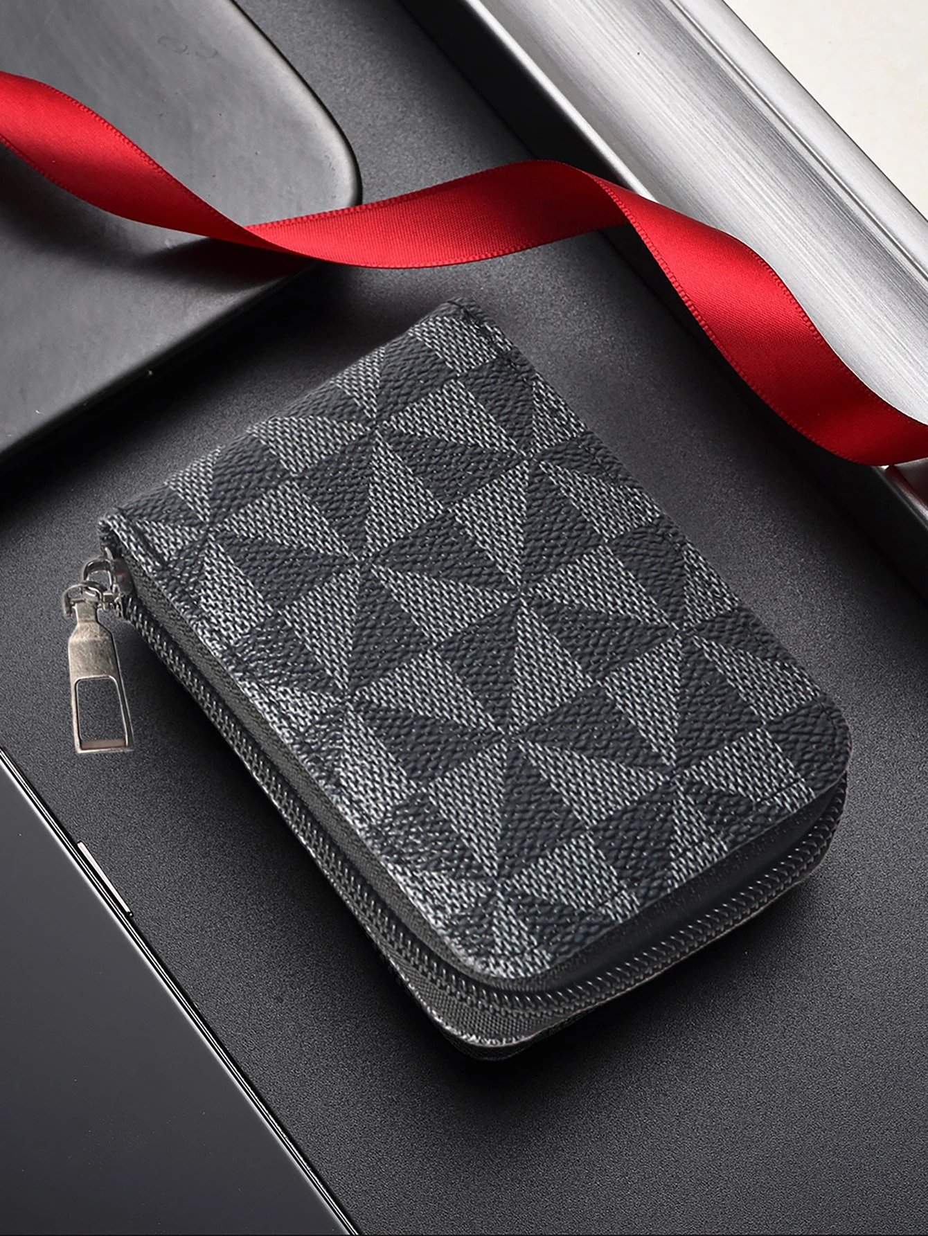Men's PU Card Holder - Stylish Geometric Pattern, Zipper Closure & Multiple Card Slots (Compact Portable)