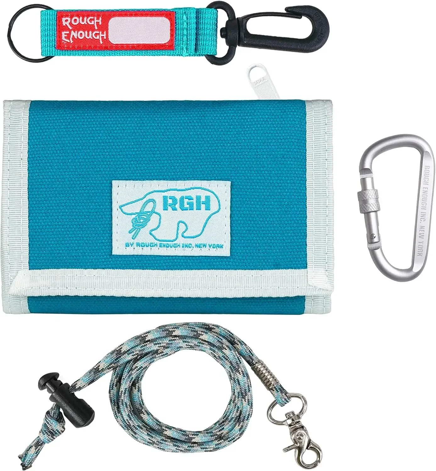 rough-enough-kids-wallet-for-boys-teen-with-neck-lanyard-strap-keychain-zipper-coin-pocket-card-holder-light-blue-canvas
