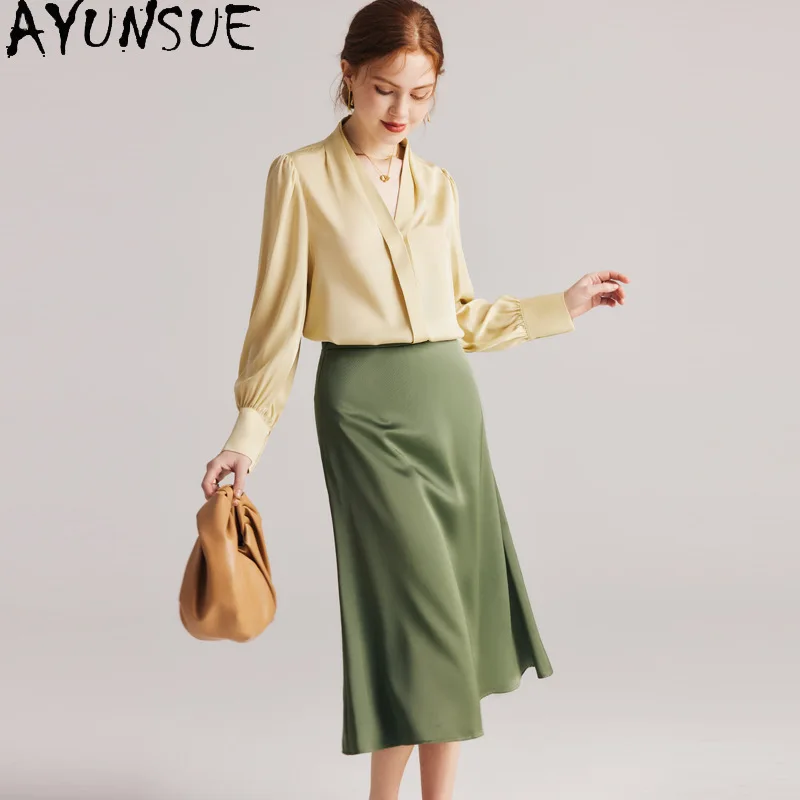

AYUNSUE 90% Mulberry Silk Women's Blouses and Shirts V-neck Long Sleeve Tops for Woman Commuting Blouse Woman Clothes Одежда