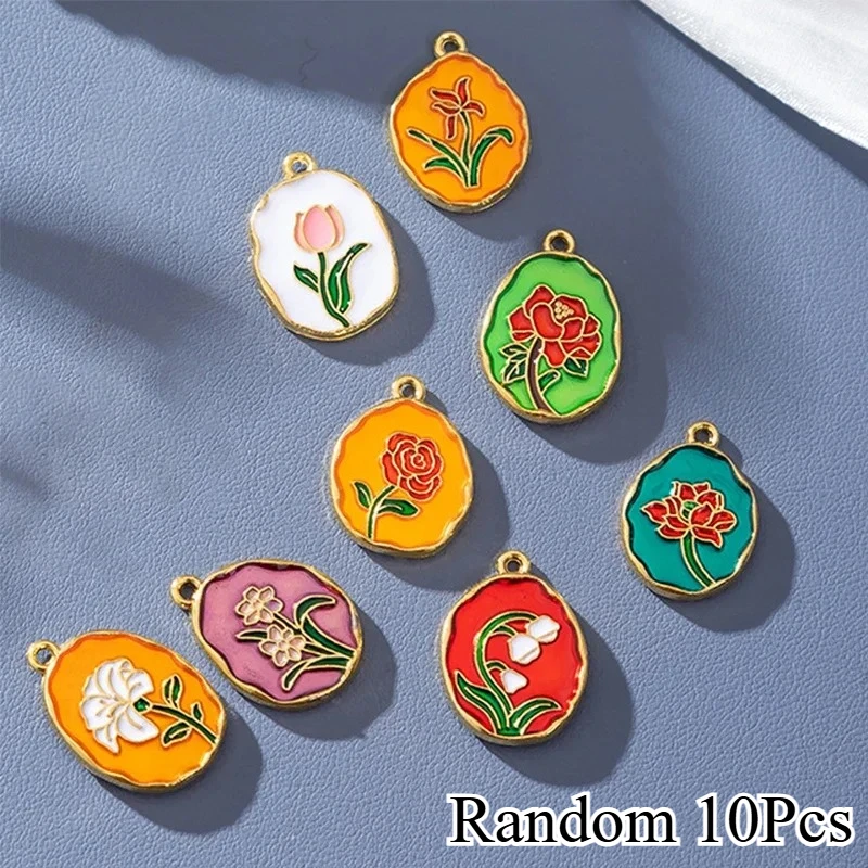 Random 10Pcs Charm Flower Card Alloy Enamel Pendant Double Texture Tulip Rose Colorful DIY Necklace Bracelet Keychain Accessory