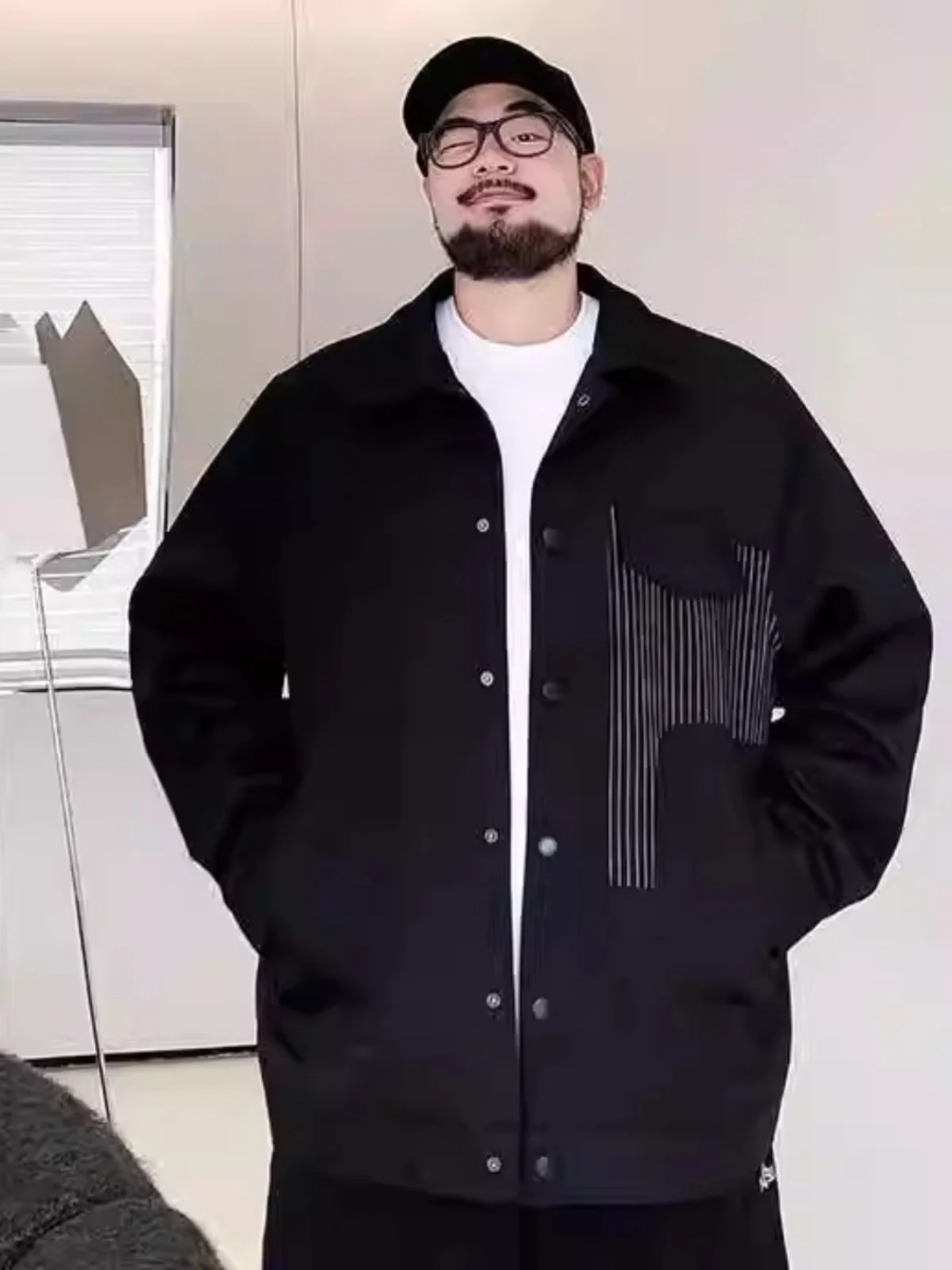 

Trendy plus Size Men's Jaet Autumn New Loose Casual Patchwork Stripes Collar Upaded Version Breathable Comfortable Outerwear