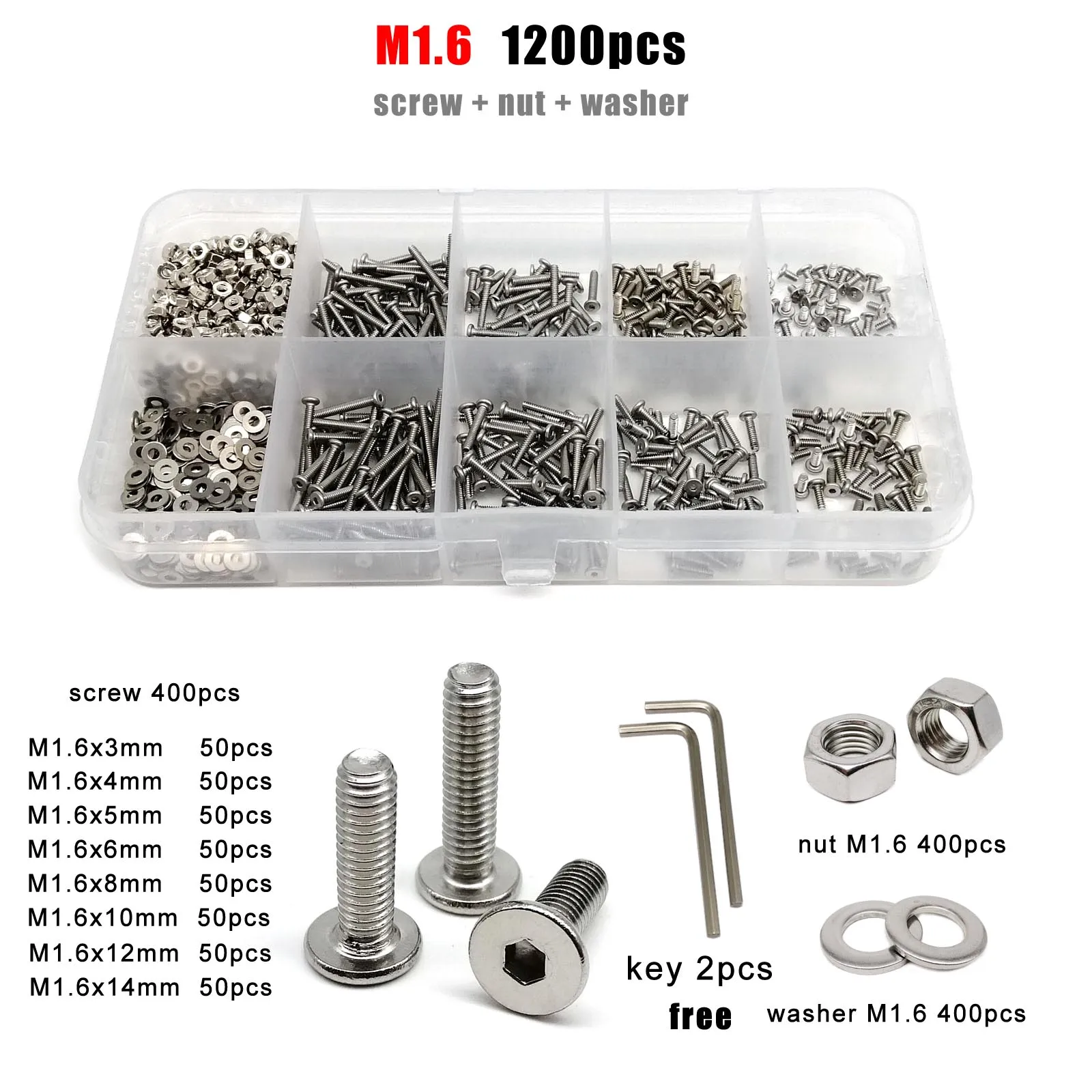 1 Box M1.6 M2 M2.5 M3 M4 M5 M6 M8 304 Stainless Steel CM Hexagon Socket Allen Ultra Thin Flat Wafer Head Screw Bolt Nut Set Kit
