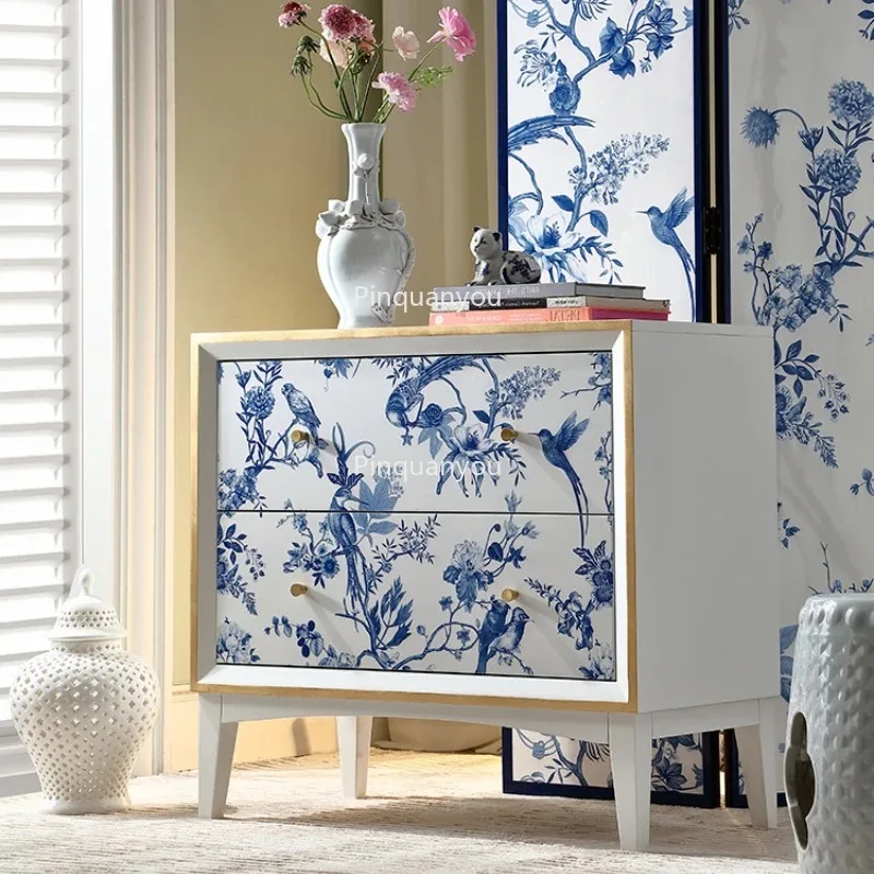 

Blue and white porcelain white solid wood multi-purpose cabinet, entrance cabinet, storage, decorative cabinet, small chest
