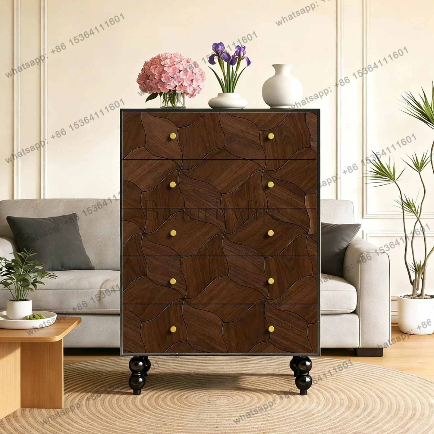 French medieval solid wood chest of drawers, living room against the wall and entrance storage decorative cabinet